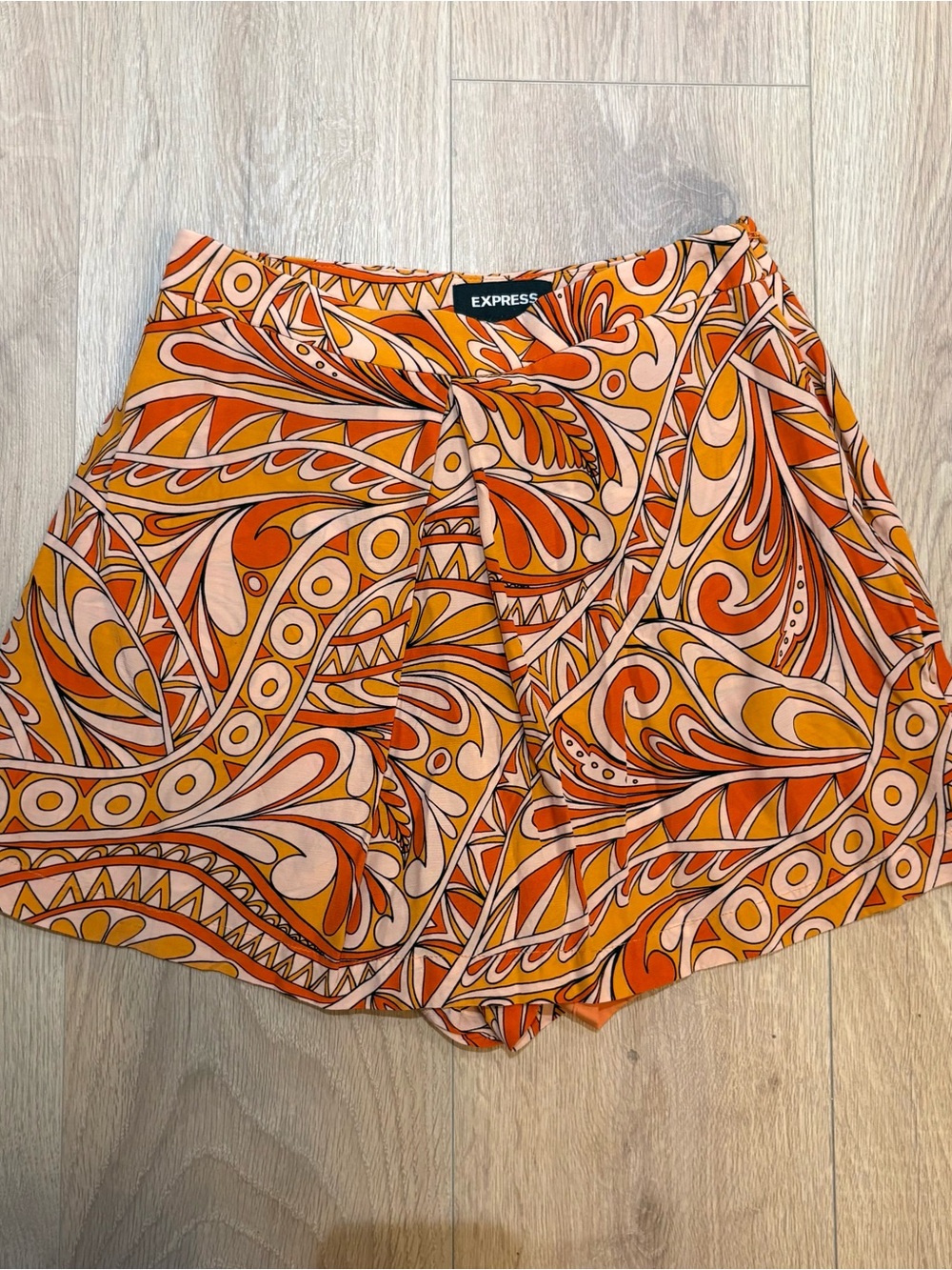 Express High-Waist Orange & Cream Printed Wrap-Front Shorts